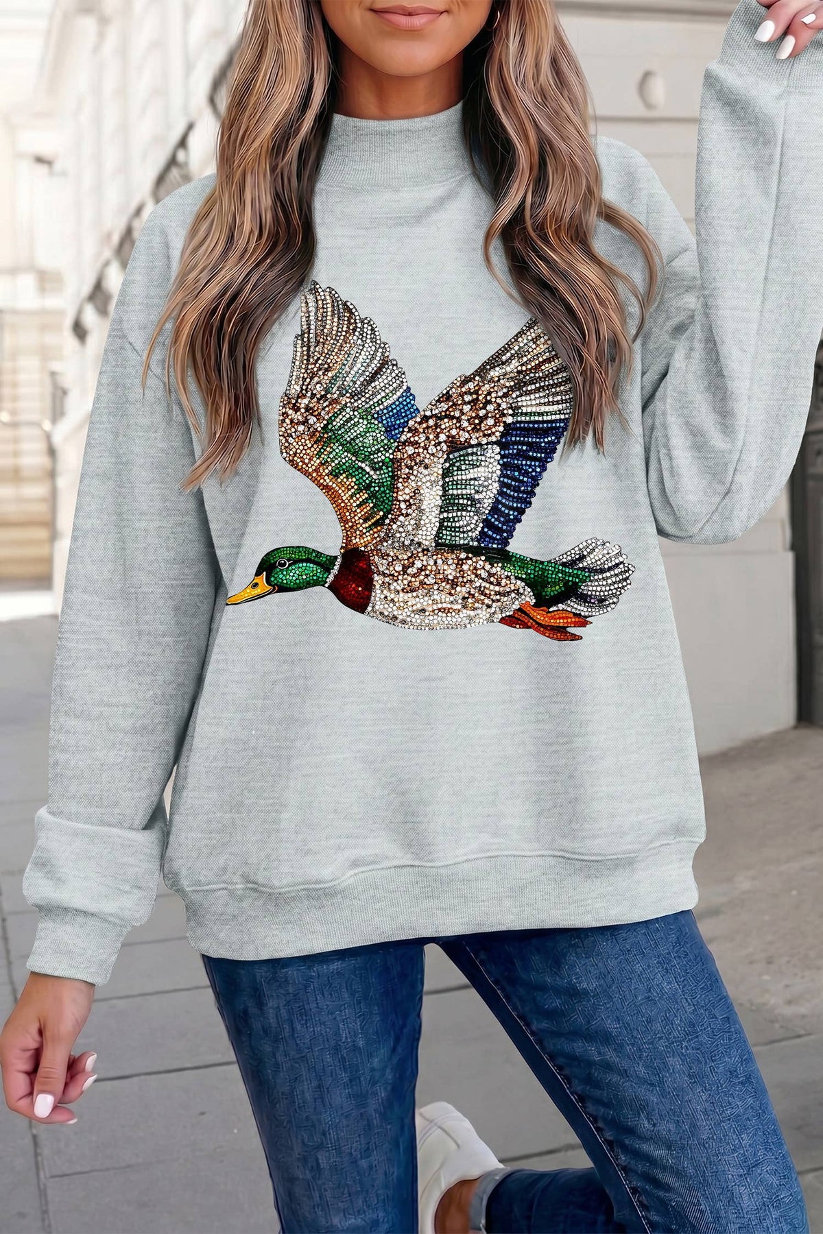 Mallard Duck Printed Graphic Mock Neck Sweatshirt | S-XL