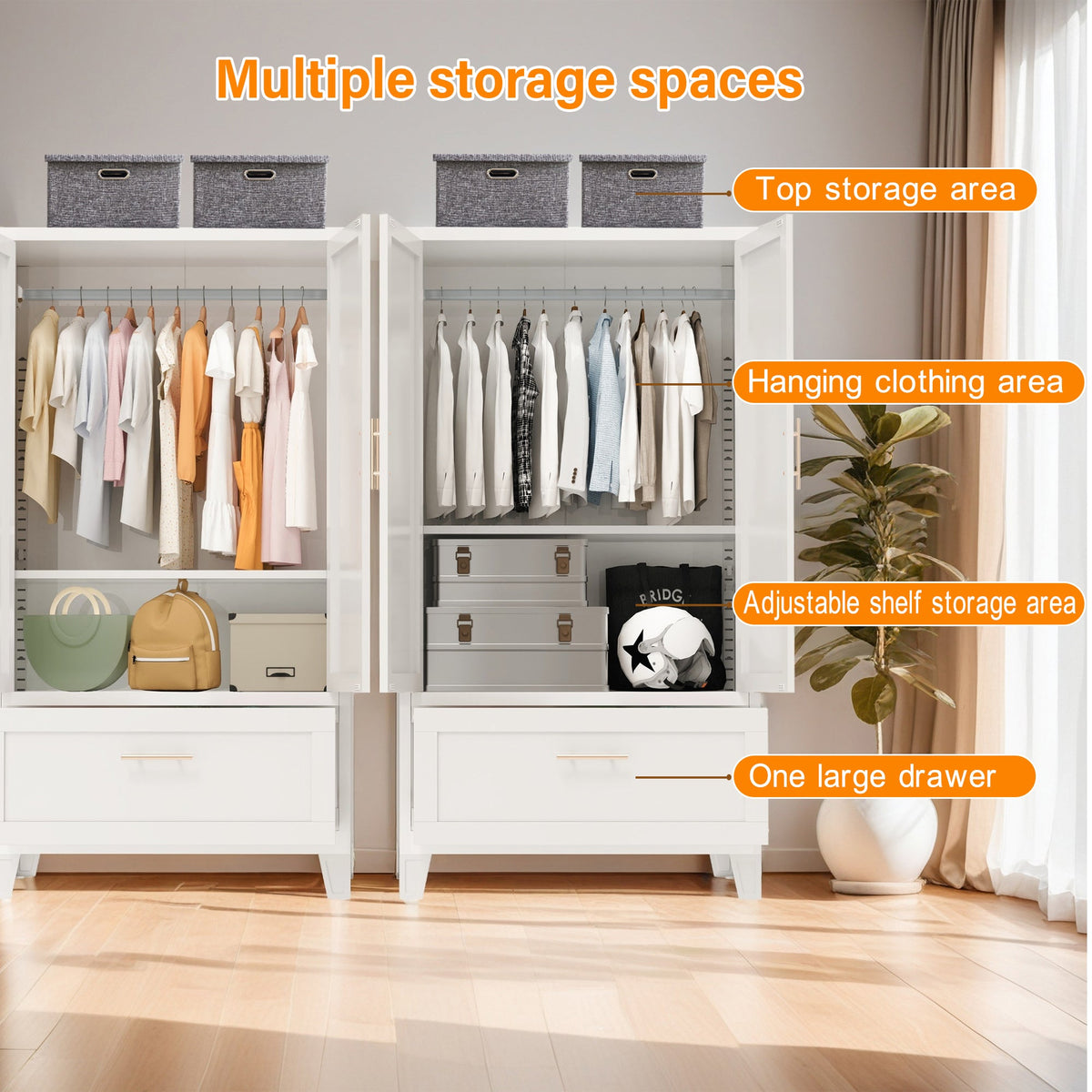 60" Tall Metal Wardrobe Cabinet with Drawer and Hanging Rod