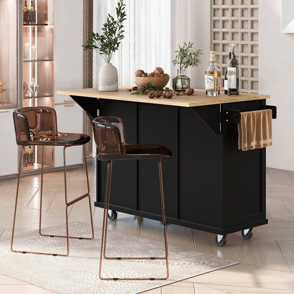 Kitchen Cart with Rubber Wood Drop-Leaf Countertop