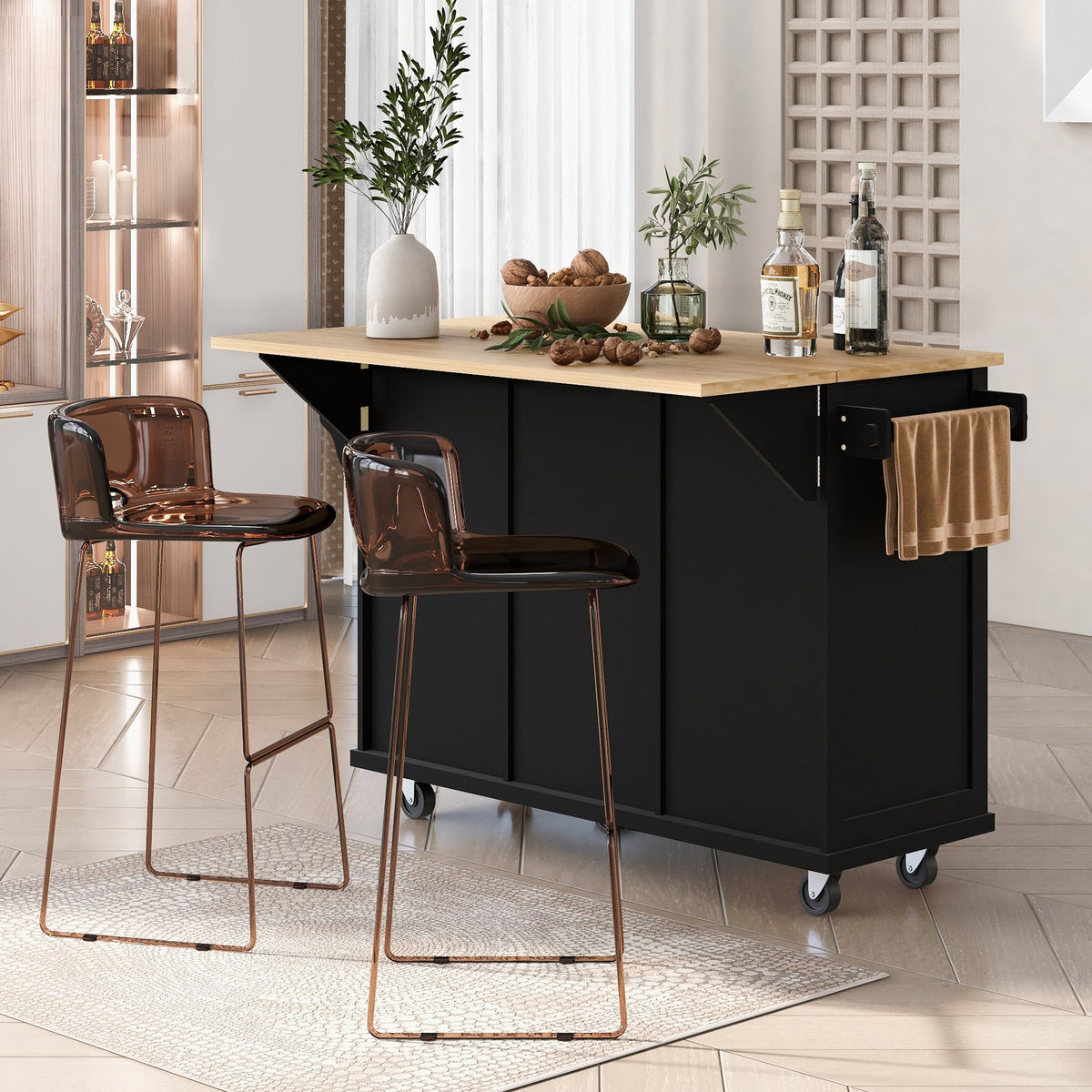 Kitchen Cart with Rubber Wood Drop-Leaf Countertop