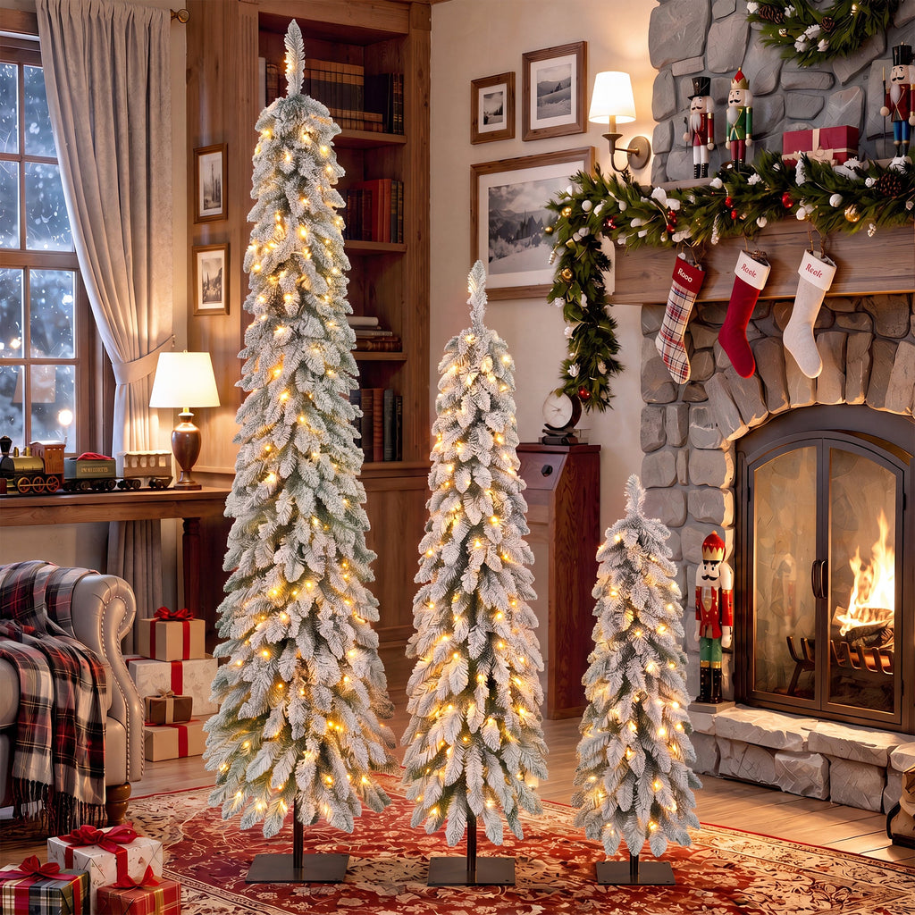 Snow Flocked Pre-Lit Pencil Christmas Tree