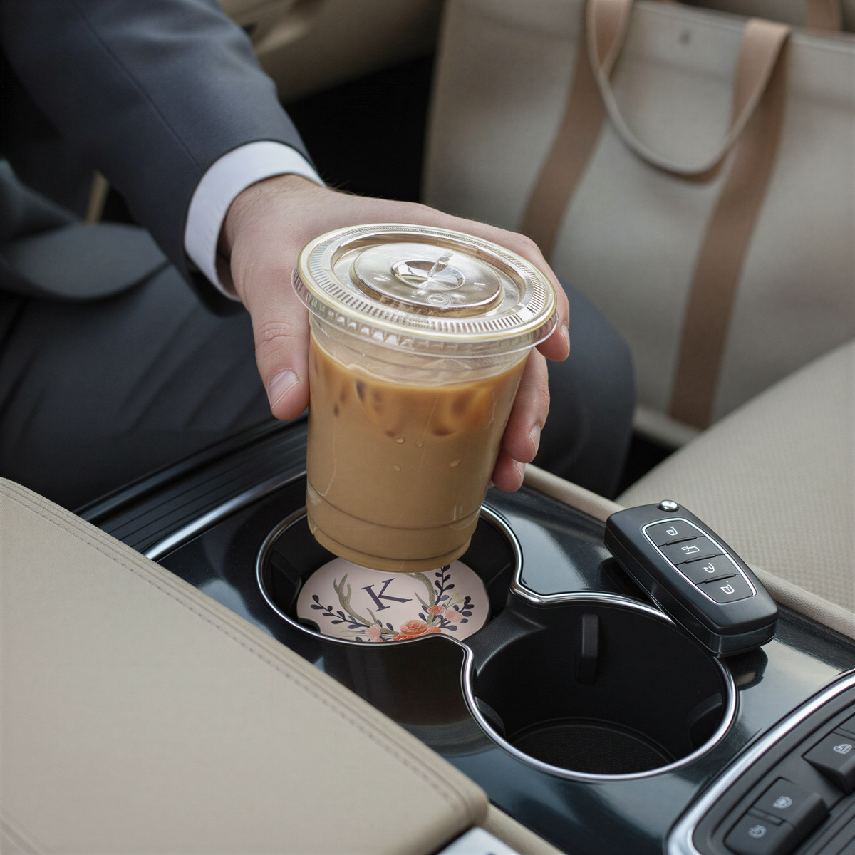 Car Coaster - Personalized Sandstone Car Cup Holder Coaster - Car Accessory - Floral Wreath Antlers