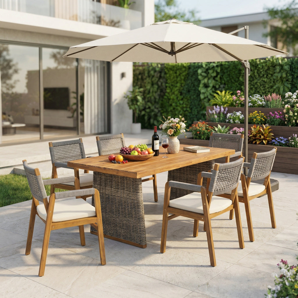 Outdoor 7 Pieces Acacia Wood Dining Set with Handwoven Rattan Legs