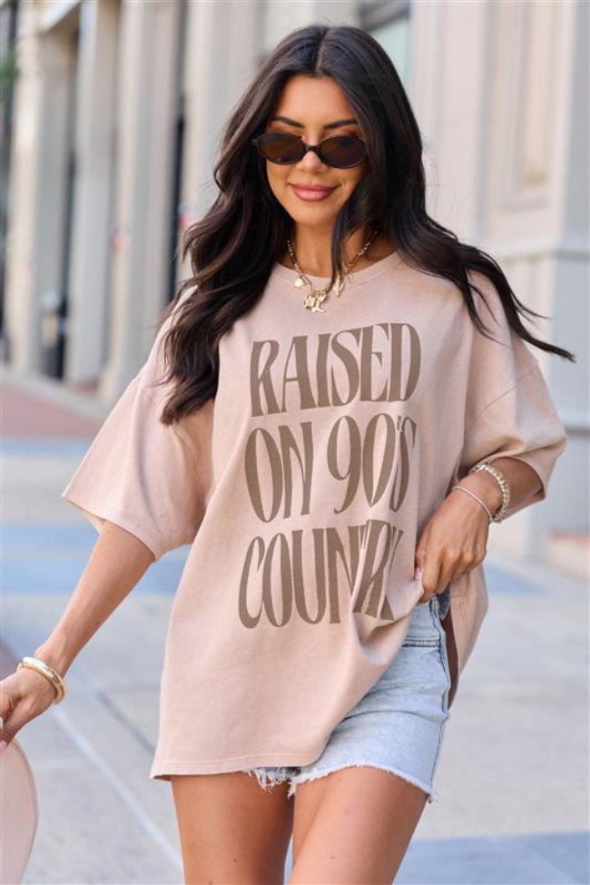 Raised On 90's Country Taupe Oversized Graphic Tee
