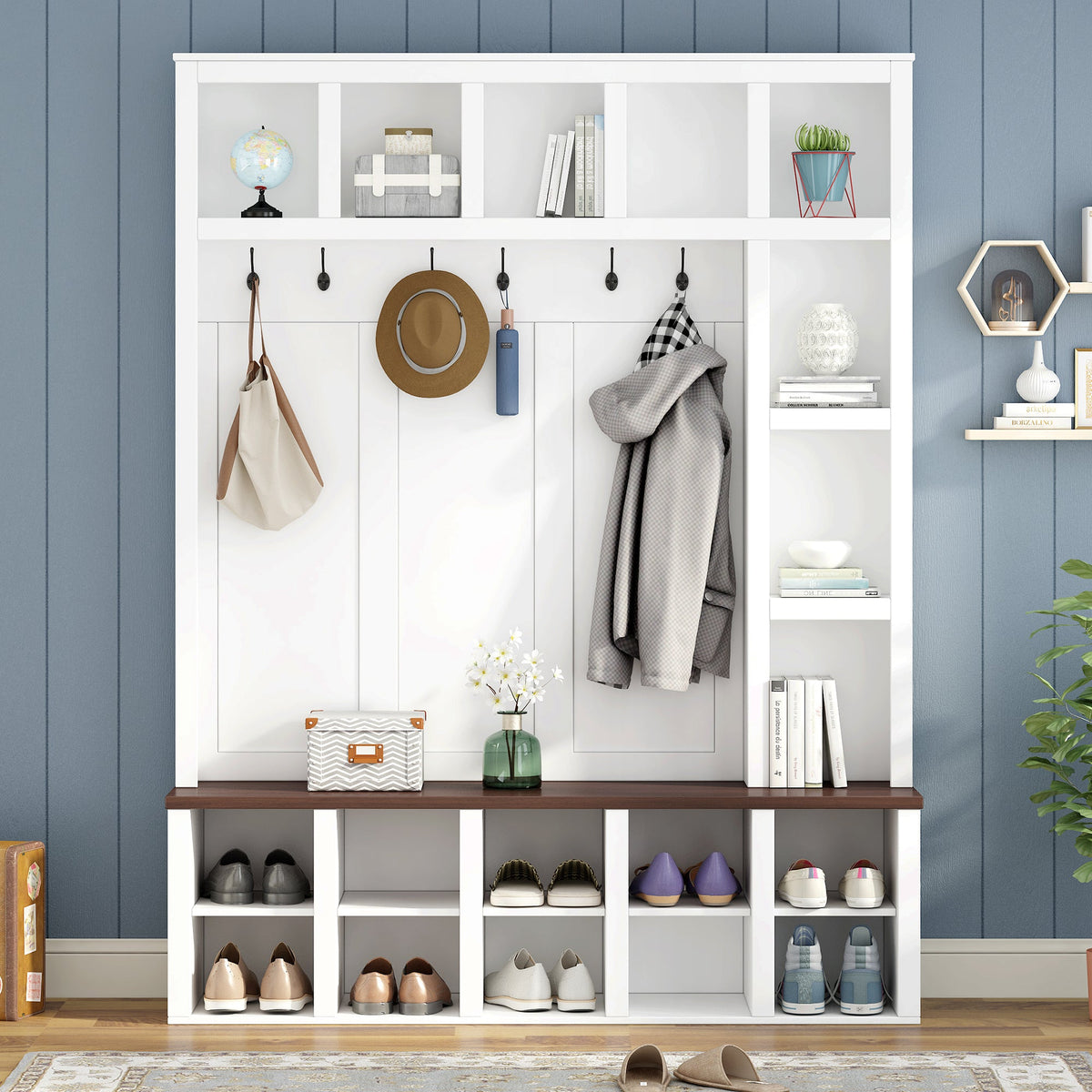 Farmhouse Wooden Hall Tree with 6 Hooks