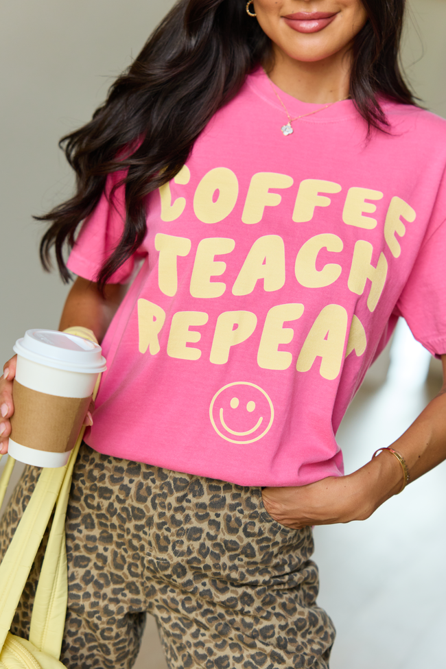 Coffee Teach Repeat Smiley Pink Graphic Tee