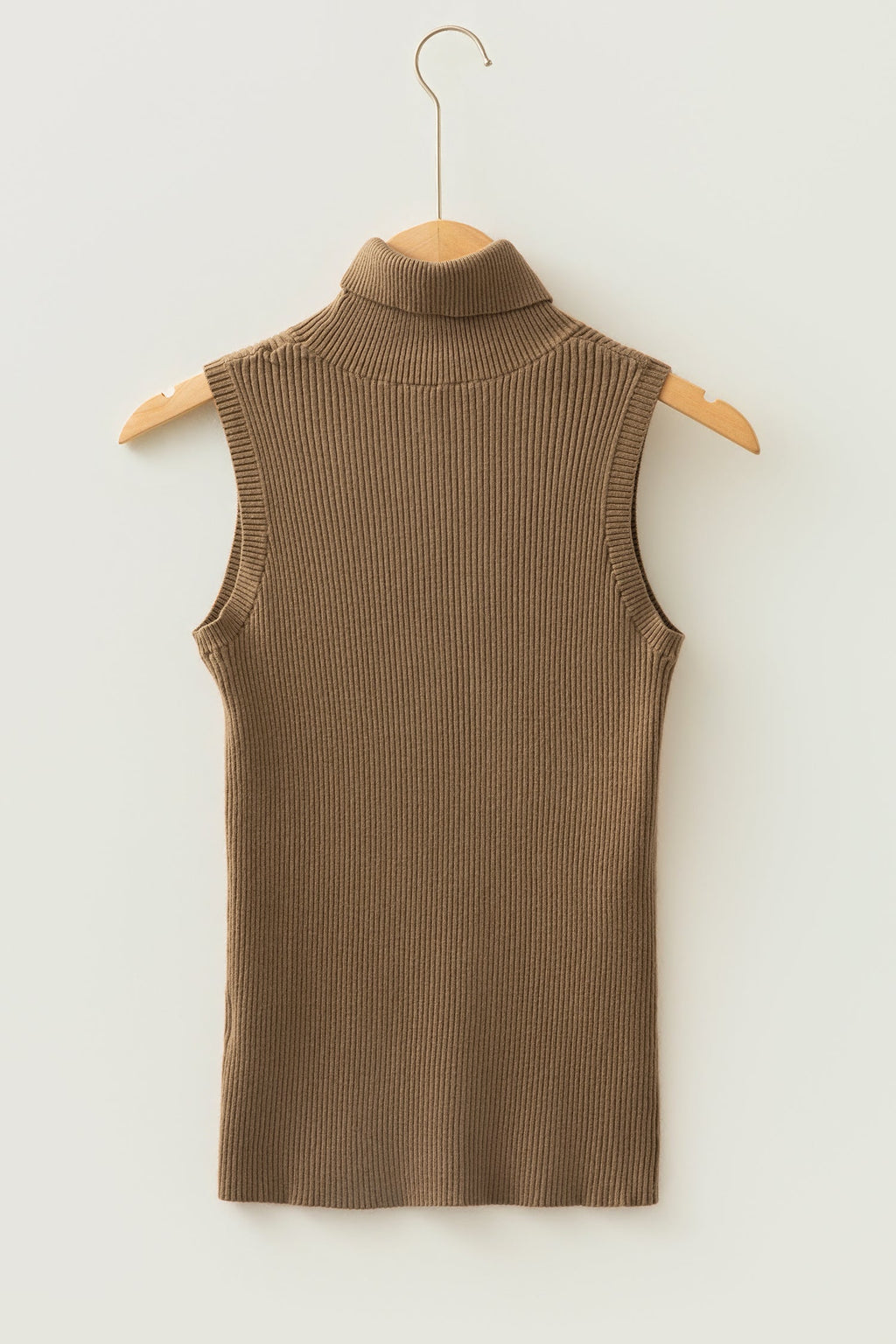 Solid Ribbed Knit Turtleneck Sleeveless Top