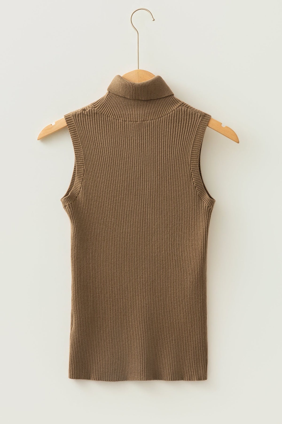 Solid Ribbed Knit Turtleneck Sleeveless Top