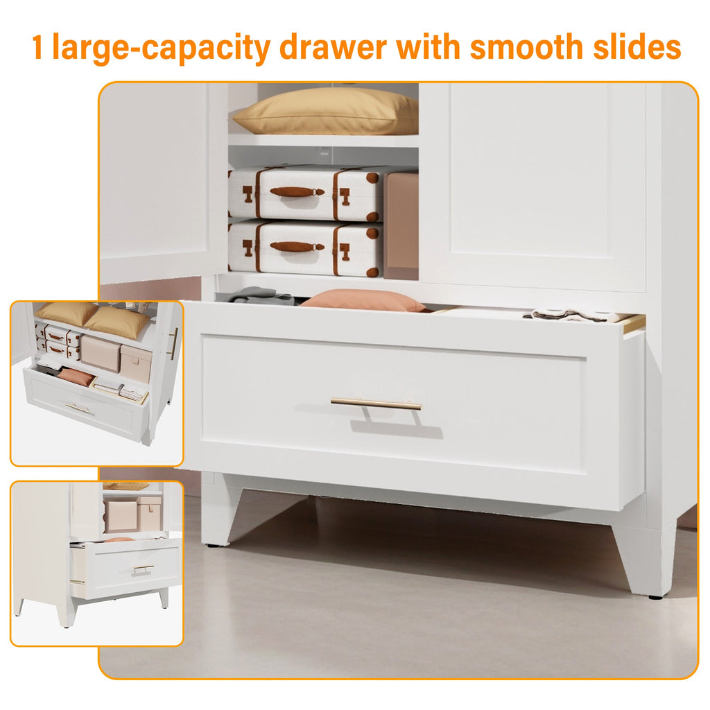 60" Tall Metal Wardrobe Cabinet with Drawer and Hanging Rod