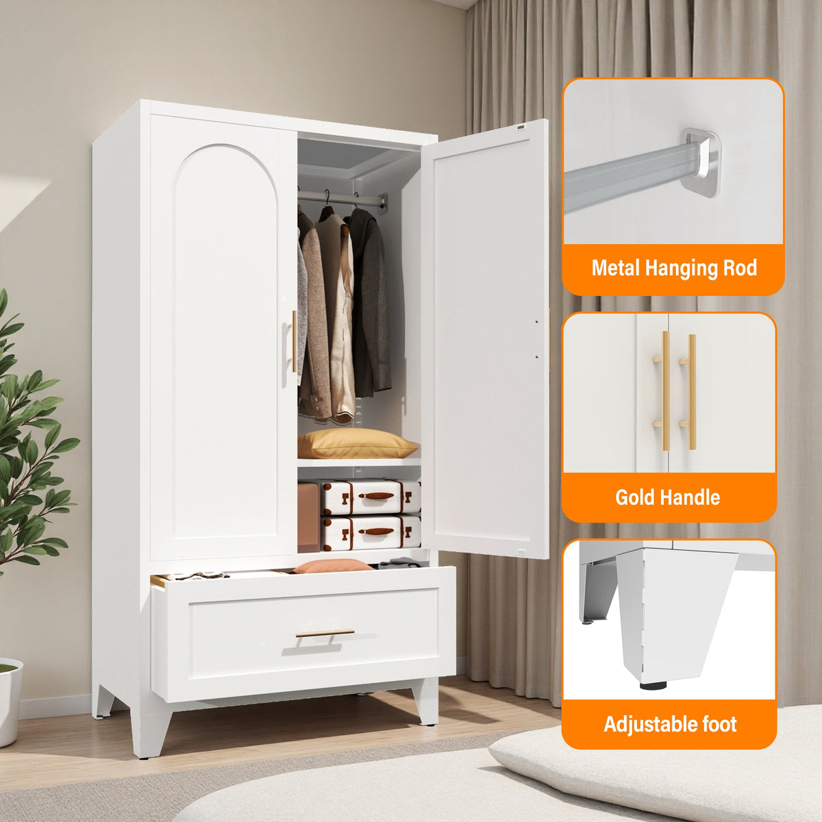 60" Tall Metal Wardrobe Cabinet with Drawer and Hanging Rod