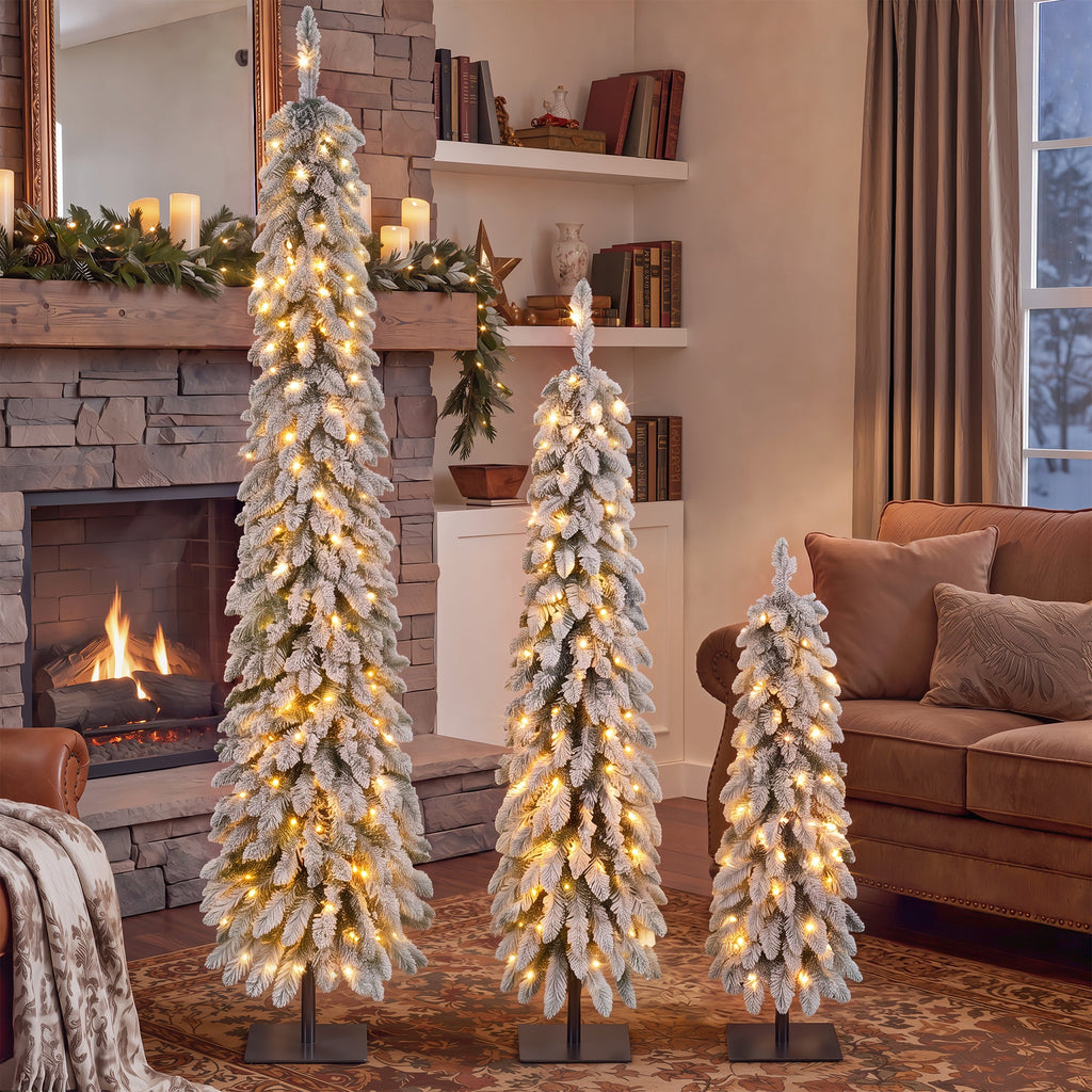 Snow Flocked Pre-Lit Pencil Christmas Tree