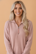 Solid Corded Knit Half Zip Collar Long Sleeve Top