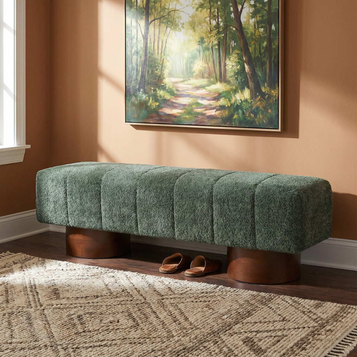 Green Boucle Upholstered Indoor Dining Bench