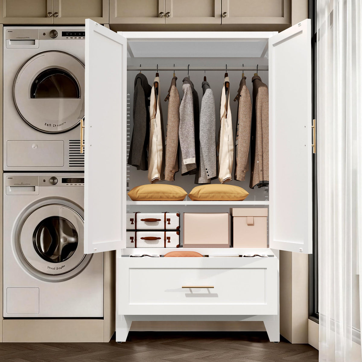 60" Tall Metal Wardrobe Cabinet with Drawer and Hanging Rod