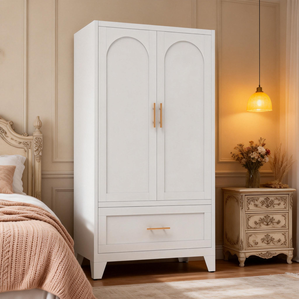 60" Tall Metal Wardrobe Cabinet with Drawer and Hanging Rod