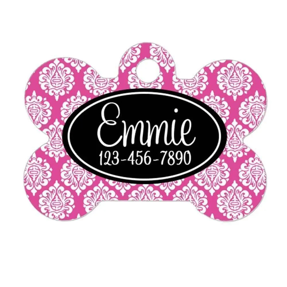 Custom Pet Tags - Custom Pet ID Tag - Custom Pet Name Tags - Black Pink Damask Pet Tags