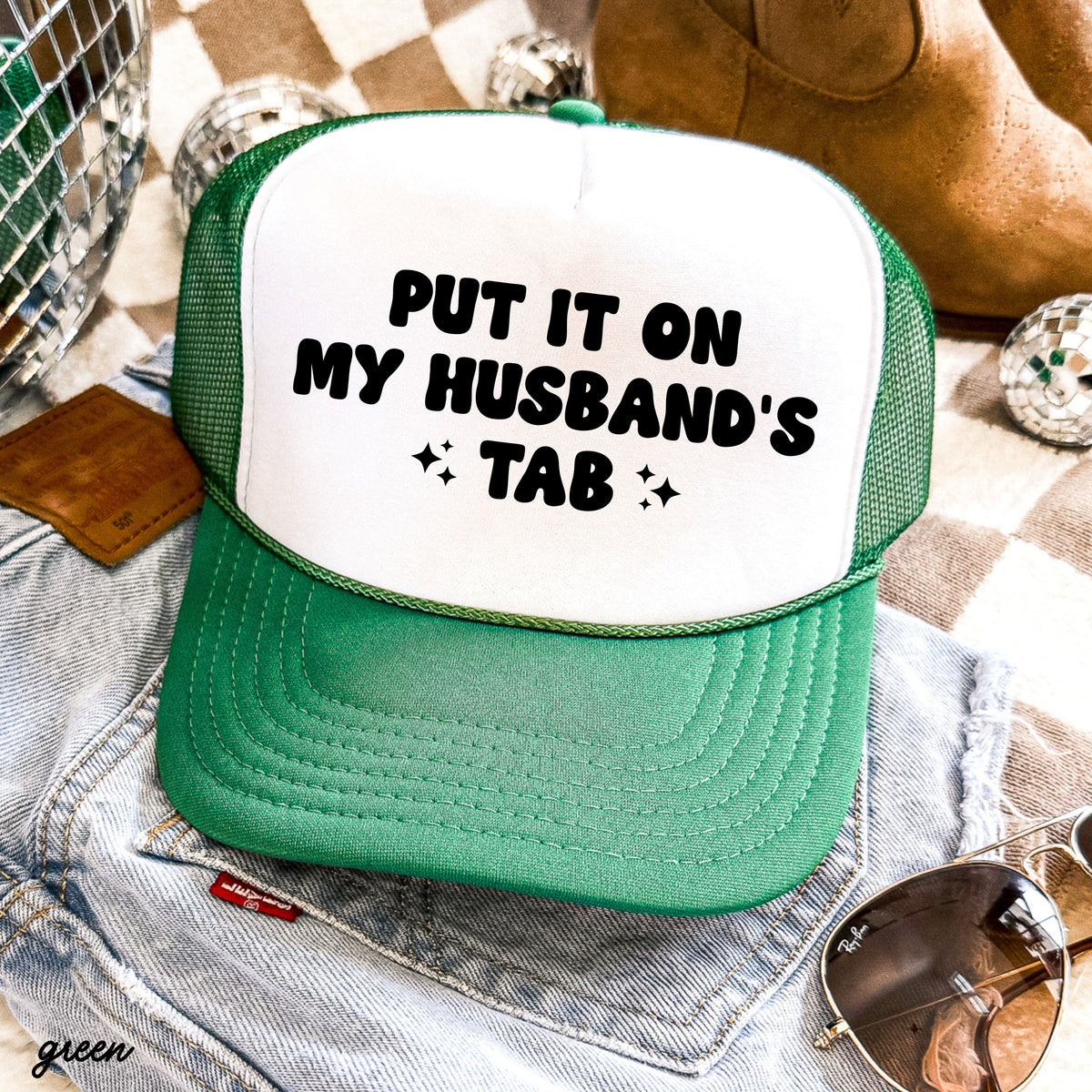 Put It On My Husband's Tab Trucker Hat *12 Colors