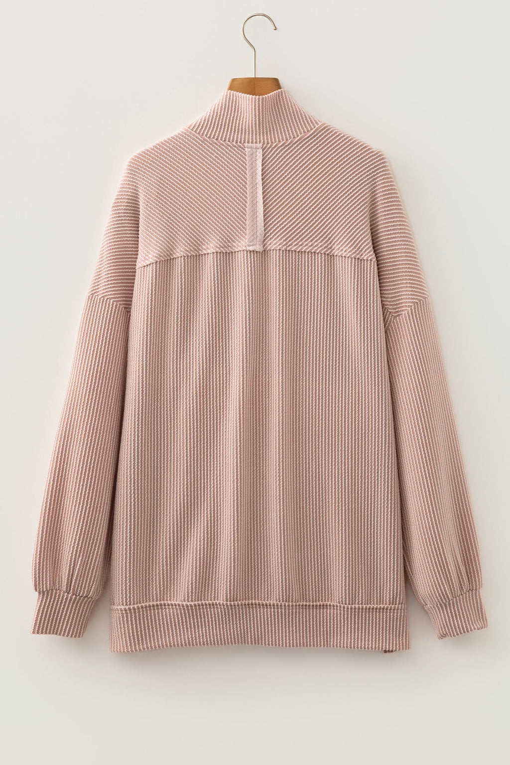 Solid Corded Knit Half Zip Collar Long Sleeve Top