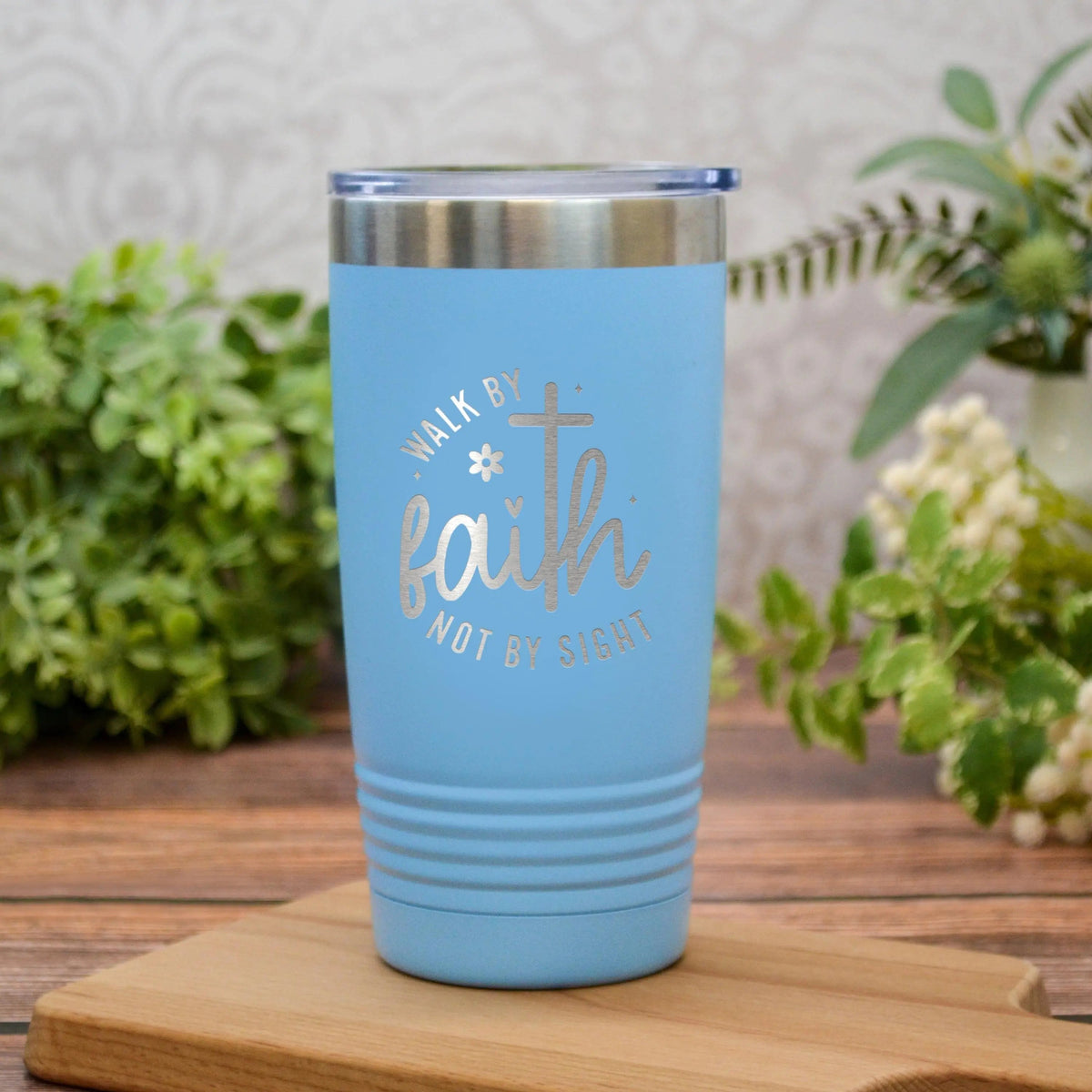 Christian Travel Tumbler with “Walk by Faith Not by Sight” Quote – Insulated Stainless Steel Pink Cup with Lid – Religious Gift for Women