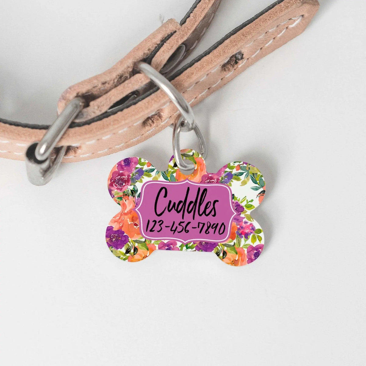 Personalized Pet ID Tag - Colorful Custom Floral Pet ID Tag - Orange Purple Dog Name Tag - Dog ID Tag - Dog Collar Name Tag